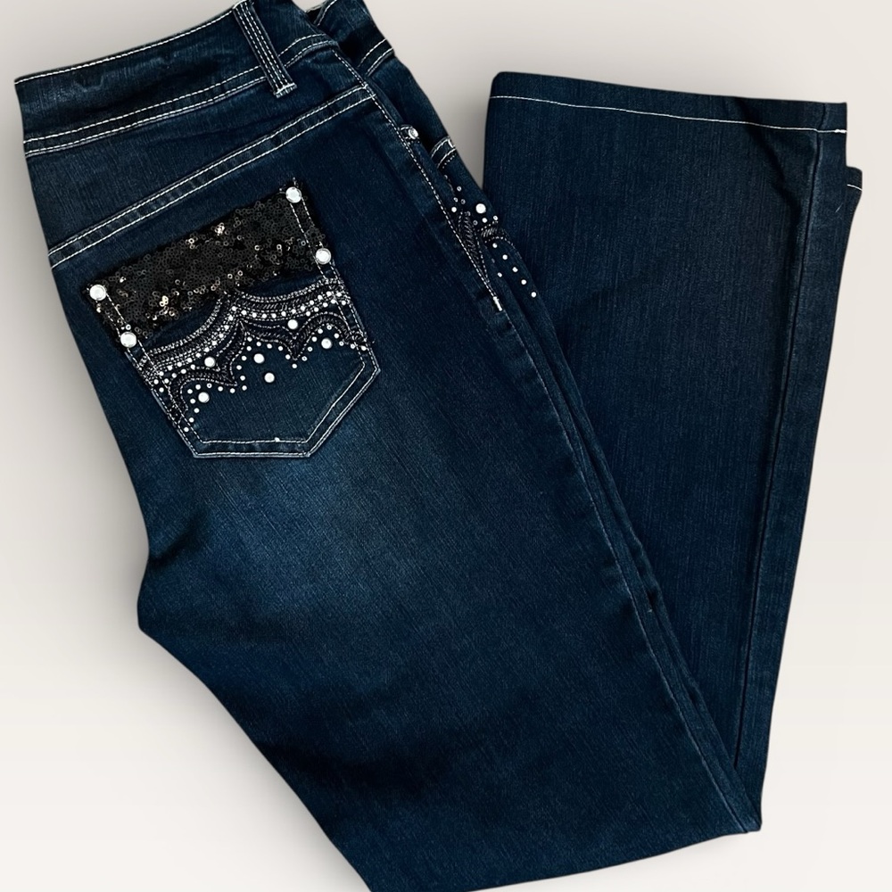 Chico's Platinum Dark Blue Flare Jeans with Stud & Sequin Detail C228 - Picture 7 of 8
